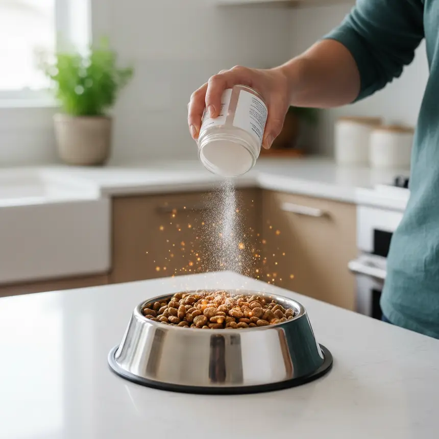 Giving pet supplement with food, consistent care, stable storage