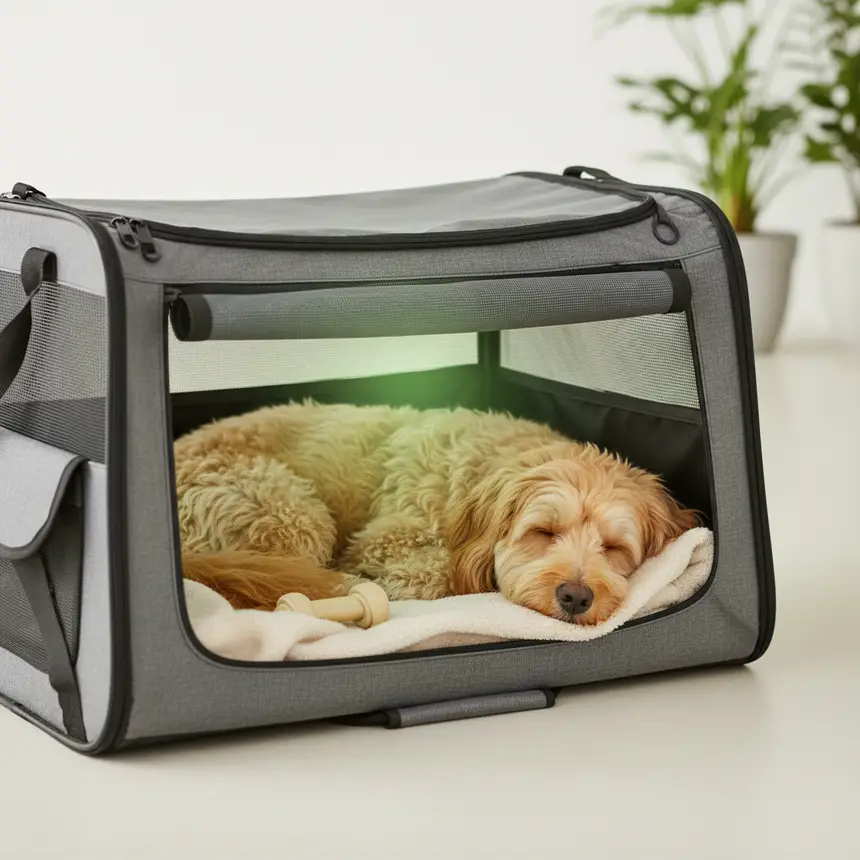Comfortable dog in travel carrier