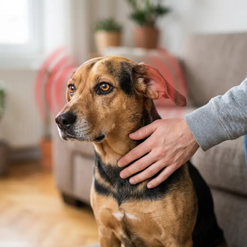 Anxious dog with owner's hand