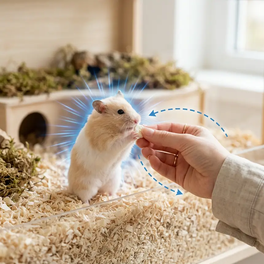 Giving hamster treat, hamster interaction