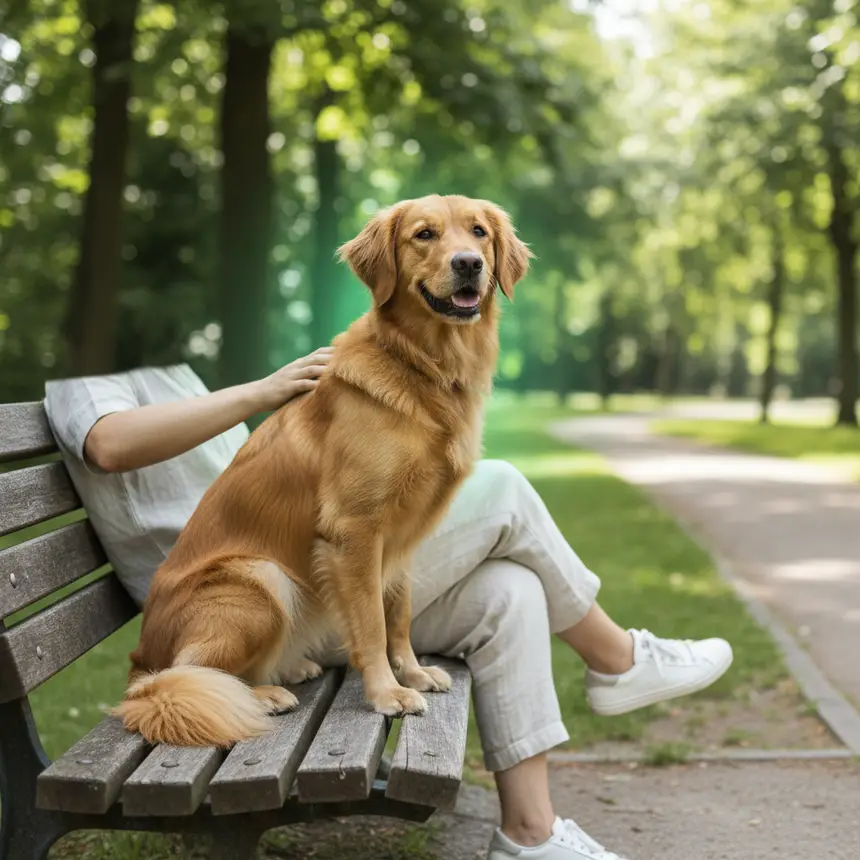 calm dog with owner